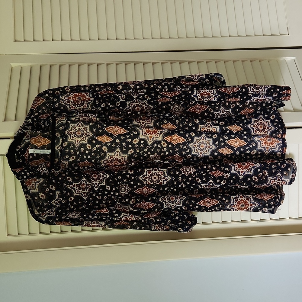 NY Collection Sheer Paisley Button Down Navy with Warm Toned Paisley Print XL